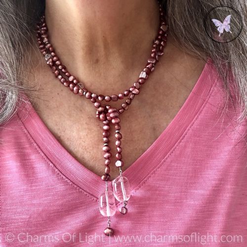 Pearl & Clear Quartz Lariat Necklace (Burgundy)